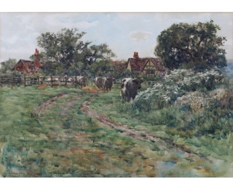 JOHN ROBERT KEITLEY DUFF (1862-1938) A country farmstead with cattle on a track, inscribed 'To Joan from J.R.K. Duff', waterc