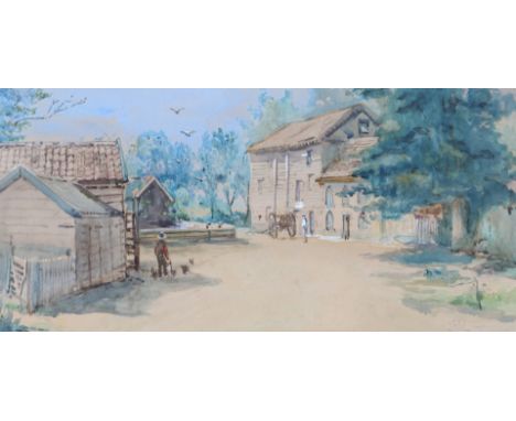 J * F * R * Farm buildings with figures, signed with initials and dated 1892, watercolour, 15 x 31cm; and three further works