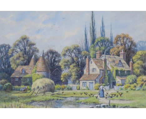 W * K * A farm and oast houses with young lady feeding the chickens, signed with initials, watercolour, 17 x 26cm