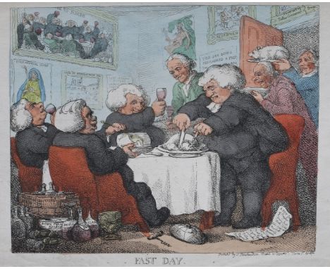 THOMAS ROWLANDSON 'Fast Day', etching, hand-coloured, 24.5 x 29cm (im); and five further by the same hand, all unframed (6)