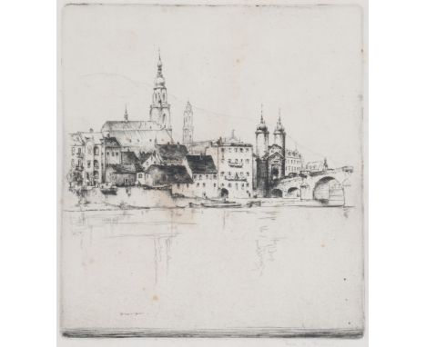FREDERICK ARTHUR FARRELL (1882-1935) A continental town from across the river, etching, pencil signed in the margin, 23.5 x 2