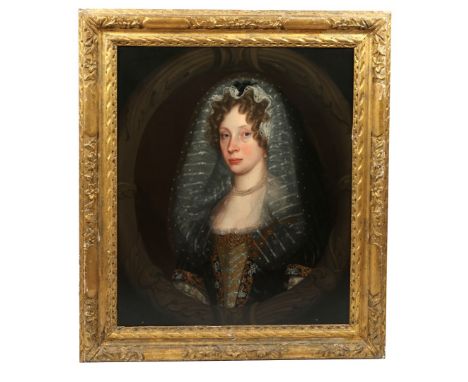 ATTRIBUTED TO NICOLAS DE LARGILLIÉRE (1656-1746) Bust length portrait of a lady with curly hair wearing a lace veil tied by a