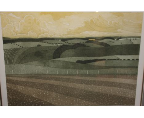 JOHN BRUNSDON (b. 1933) 'Marlborough Downs', etching with aquatint in colours, pencil signed, titled and numbered 27/100 in t