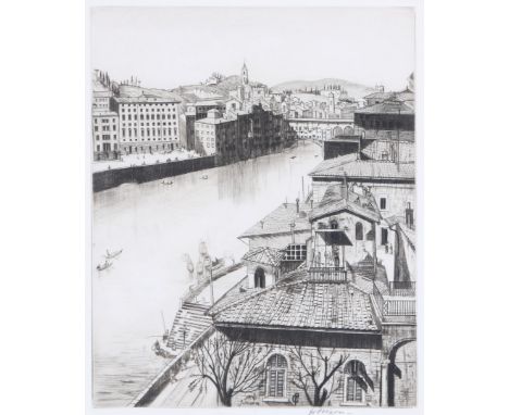 JOB NIXON (1891-1938) 'The Arno, Florence', etching, pencil signed in the margin, 25.5 x 20.5cm