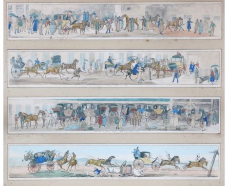 19TH CENTURY SCHOOL A set of twelve hunting and coaching engravings, each approximately 9 x 56cm, framed in three; together w