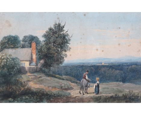 CIRCLE OF DAVID COX (1783-1859) A figure on horseback in an extensive country landscape with cottage, watercolour, 21 x 32cm,