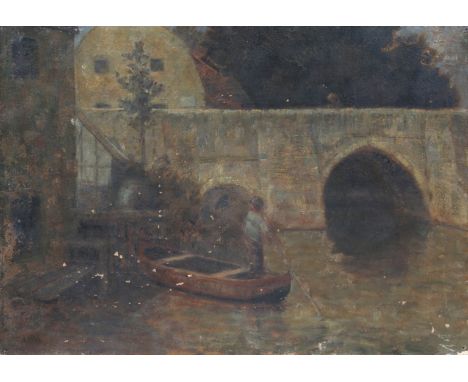 19TH CENTURY ENGLISH SCHOOL A figure in a punt on the river with stone arched bridge yonder, indistinctly signed with initial