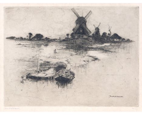 FRANK HENRY MASON (1876-1965) Dutch scene with windmills, etching, pencil signed in the margin, 20 x 26cm; and six further et