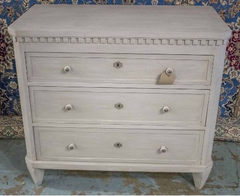 COMMODE, 19th century, Gustavian style, traditionally grey painted with three long drawers, 100cm W x 50cm D x 86cm H.