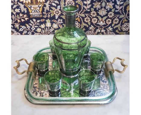 BAROVIER &amp; TOSO TRAY, Murano with etched mirror, twist border and gilt metal handles with green glass decanter and six gl