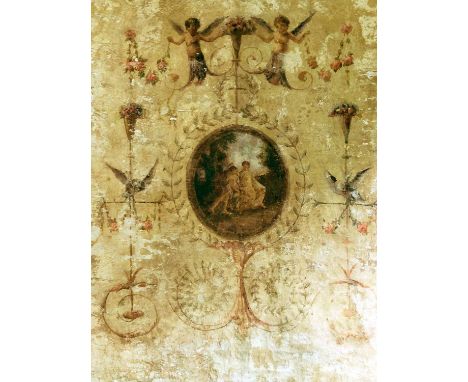 PRINT, of an idyllic scene in a tondo, encircled by winged Putti and Pompeian style decorations, 295cm x 251cm.   