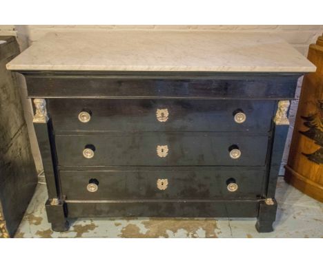 EMPIRE COMMODE, early 19th century French ebonised and silver metal mounted with four long drawers and white Carrara marble t