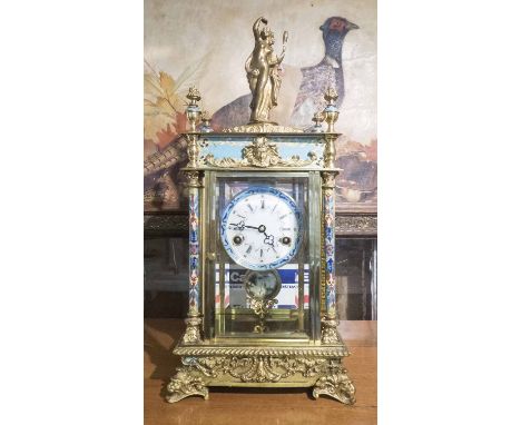 FRENCH MANTEL CLOCK late 19th century, with decorative gilt, brass and coloured enamel four glass case, wire gong striking 8 