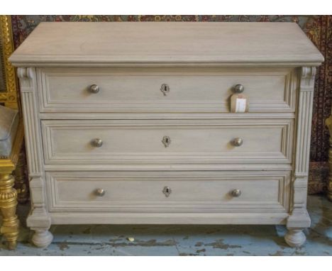 COMMODE, 19th century French traditionally grey painted with three long drawers, 112cm x 56cm x 81cm.