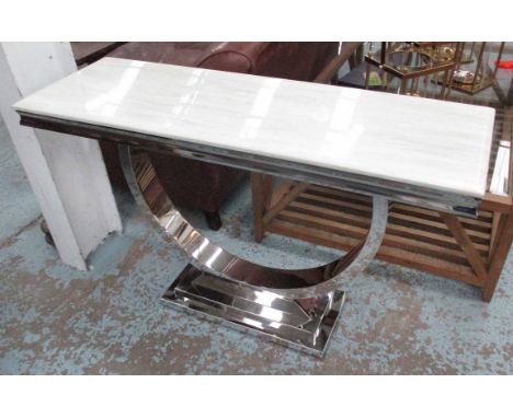 CONSOLE TABLE, polished metal, with white marble top, 40cm D x 121cm W x 77cm H.