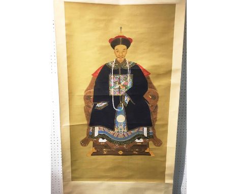ANCESTRAL PORTRAIT, antique Chinese gouache on silk on paper, 107cm x 60cm. (on scroll, turned end missing)