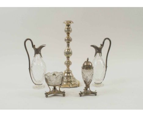 TWO FRENCH SILVER AND CUT GLASS CRUET ITEMS, plus a silver candlestick, 28cm H and a pair small oil/decanters. (5)