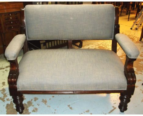 LARGE ARMCHAIR or SMALL SOFA, late Victorian mahogany with grey fabric upholstery, 116cm.