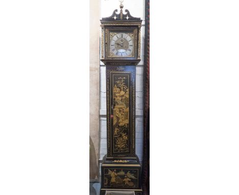 CHINOISERIE LONGCASE CLOCK, Georgian style ebonised and gilt with silvered and brass dial inscribed 'Canetty Clarke Ditchling