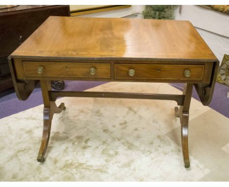 SOFA TABLE, Regency, mahogany and tulipwood banded with hinged top, above two real and two opposing dummy drawers, 72cm H x 9