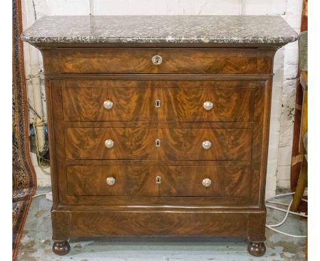 HALL COMMODE, 19th century French Louis Philippe flame mahogany of shallow proportions with four long drawers and grey marble