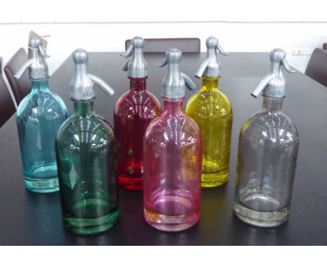 SODA SYPHONS, a set of six, vintage French inspired, marked S. Freres Cie, 32cm H. (6)
