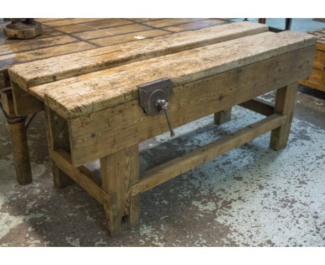 WORKBENCH, vintage, scotch pine of typical form, with attached vice, 183cm W x 61cm D x 77cm H.