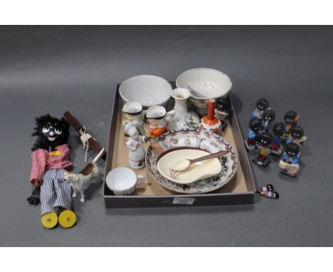 Box of Robertson's jam figurines, puppet, Sunderland ware bowl etc 