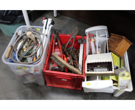 Three boxes of tools, plumbing equipment etc