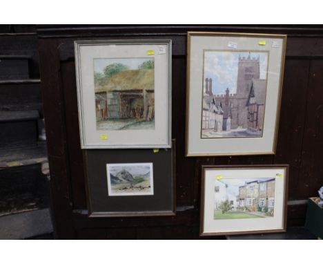 Three signed street scene watercolours and signed print "Pillar from Kirkfell Rocks" by T Lesley Hawkes
