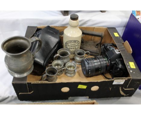 Box of Weston-super-Mare ginger beer bottle, Pentax P30N camera, flat iron etc