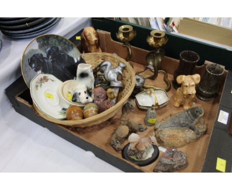 Box of serpentine vases, sundial, brass cobra candlesticks, dog figurines etc