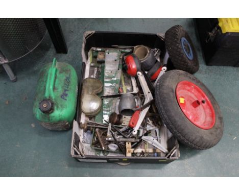 Box of tools, wheels, petrol canister, buckets, knives etc  