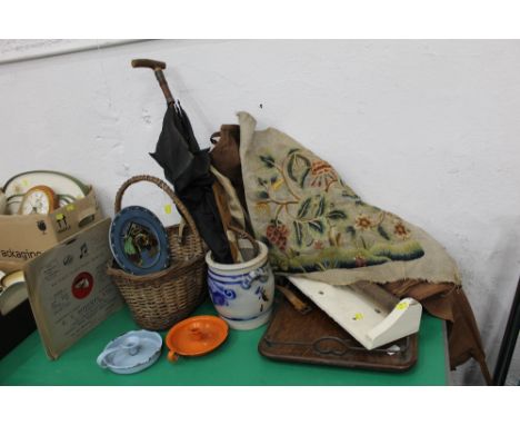 Canvas holdalls, wooden tray, stoneware jar, wicker basket of cutlery and candlestick holders, umbrella, embroidery etc