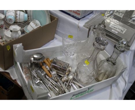 Collection of decanters, crystal York Minster goblet, plated cutlery, tea caddy etc 