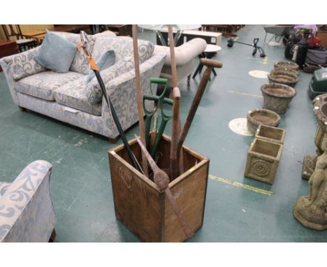 Garden tools, shovels, picks etc (tea chest not included)