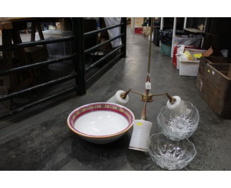 Three glass bowls, washbasin and light fitting