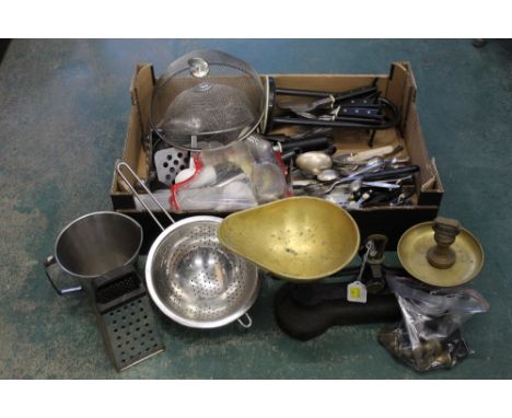 Kitchenware, cutlery, sieves, scales and brass weights 