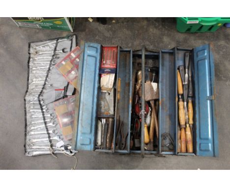 Metal toolbox with chisels, mallets, hand drills, spanner set, screws etc