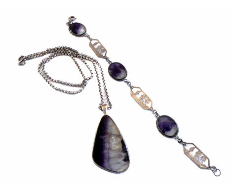 2 items of blue john set silver jewellery, comprising a circa 1930's 3-stone silver bracelet, with 3 pierced boating scene si