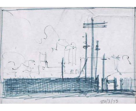 Trevor Grimshaw (1947-2001),  "Poles and Signals", dated 20/3/73, pen and ink, 7 x 9.5cm, 2.75 x 3.75in.    Artists' Resale R