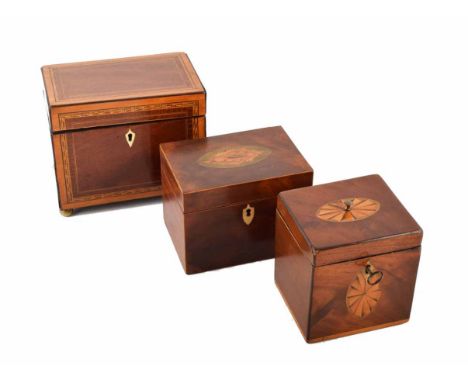 Three 19th century mahogany caddies. One double section tea caddy with dogstooth crossbanding and ivory escutcheon. Two stati