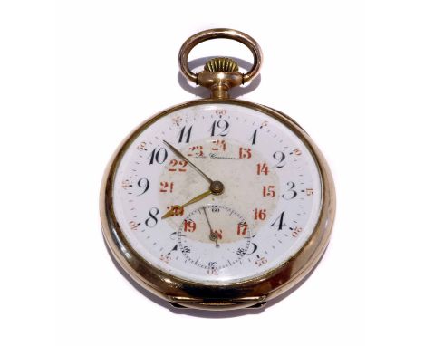 Bruguit 14ct gold pocket watch, white enamel dial, Arabic numerals, subsidiary seconds to six 'o' clock, engine turned patter