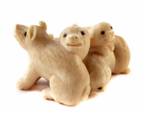 Meiji period Japanese Netsuke five puppies, signed Tadatoshi, height 2.5cm.