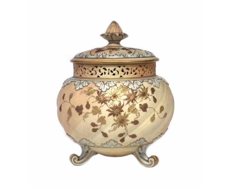 Grainger Worcester potpourri vase, decorated with raised paste gilding, with interior cover, pierced rim, raised on three fee