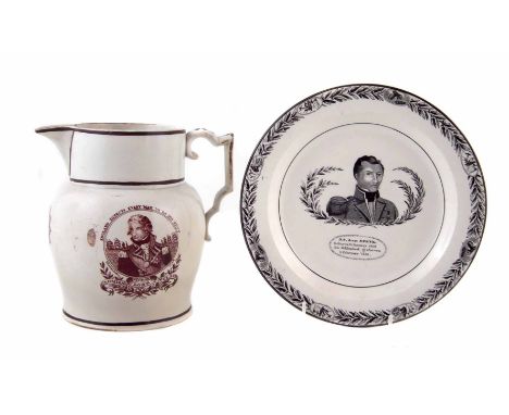 Pearlware Admiral Lord Nelson jug circa 1805, printed with a portrait titled 'England expects every man to do his duty' the r