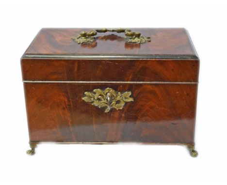 George III mahogany tea caddy, with ebony edging to cover, the fitted interior containing three canisters for sugar and tea, 