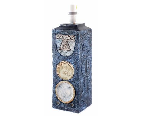 Troika lamp base, of tall square section, David Bridge monogram and factory mark to base, 31cm high excluding fittings.      