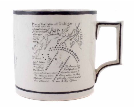 Unusual pearlware Admiral Lord Nelson commemorative mug circa 1805, finely painted rather than printed with a detailed plan o