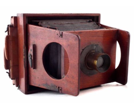 Mahogany folding Shew type quarter plate pocket camera, fitted 'Orthopanactinic Newton & Co. Liverpool' named lens, 14cm x 12